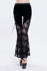 Pantalon gothique long pour femme à rayures noires avec panneau semi-transparent et laçage